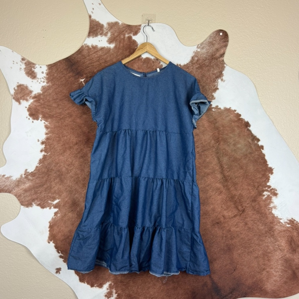 Boutique Cowgirl Blue Ruffled Tiered Denim Dress Sz Small